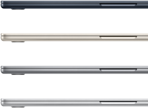 Keturi „MacBook Air“ nešiojamieji kompiuteriai siūlomų spalvų: vidurnakčio, žvaigždžių šviesos, kosminės pilkos ir sidabro