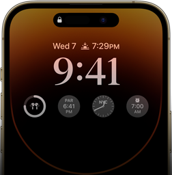 „iPhone 14 Pro“ vaizdas iš priekio, kuriame matomas „Always-On“ ekranas su laiku, data, keturiais valdikliais ir kt.