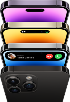 „iPhone 14 Pro“ yra keturių skirtingų spalvų – kosminės juodos, mėlynos, aukso ir tamsiai violetinės. Rodoma vieno modelio nugarėlė, kiti trys modeliai atsukti ekranu į priekį.