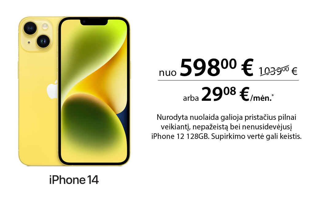 iPhone 14 nuo 598 € – atnešus seną įrenginį papildoma 100 eurų nuolaida.