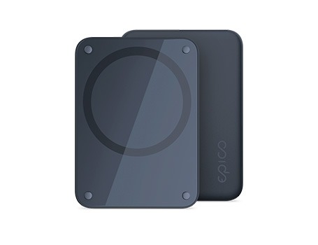 Epico MagSafe Compatible Wireless Powerbank vaizdas iš viršaus, matomas apvalus magnetinis paviršius ir tamsiai pilka apdaila.